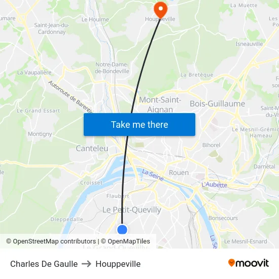 Charles De Gaulle to Houppeville map