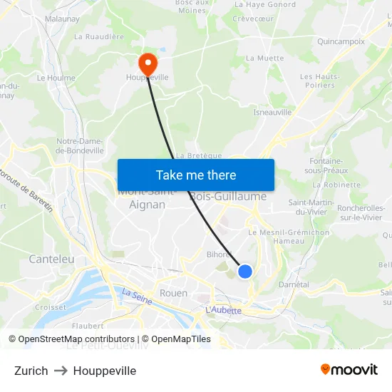 Zurich to Houppeville map