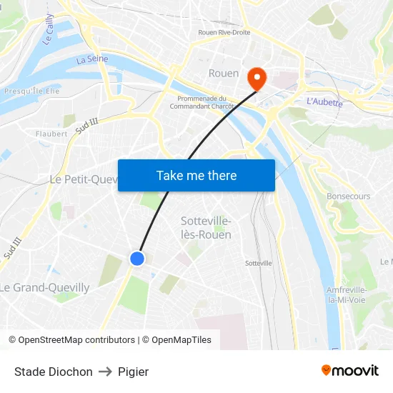 Stade Diochon to Pigier map