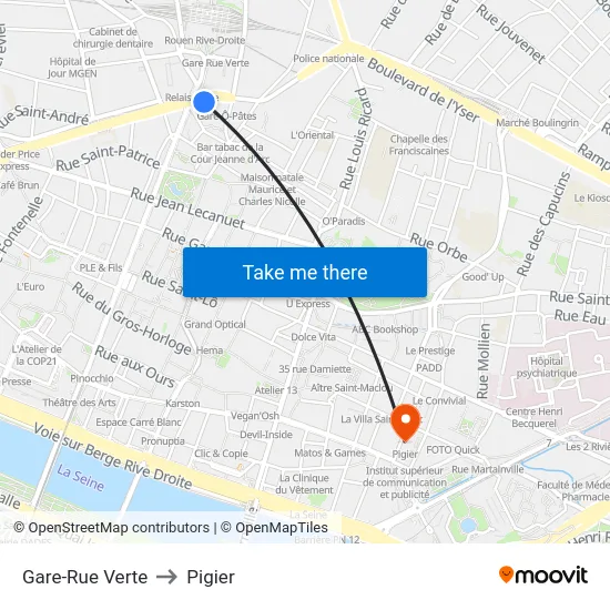 Gare-Rue Verte to Pigier map