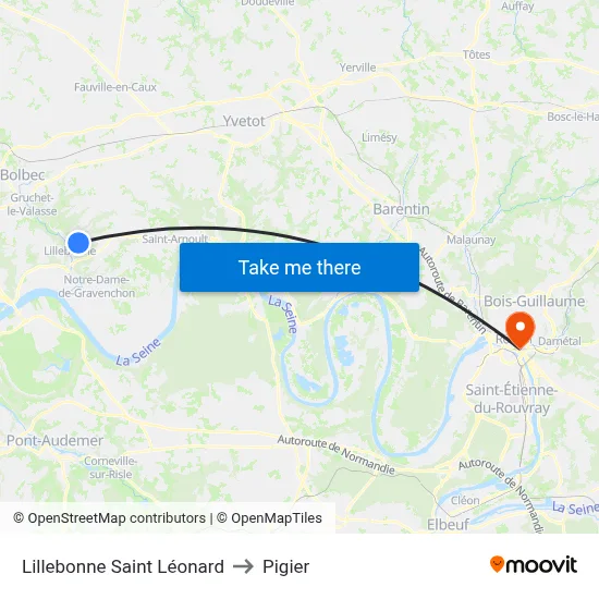 Lillebonne Saint Léonard to Pigier map