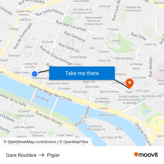 Gare Routière to Pigier map