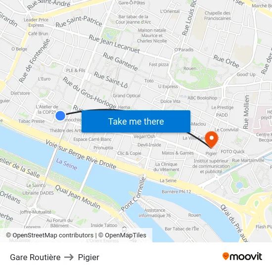 Gare Routière to Pigier map