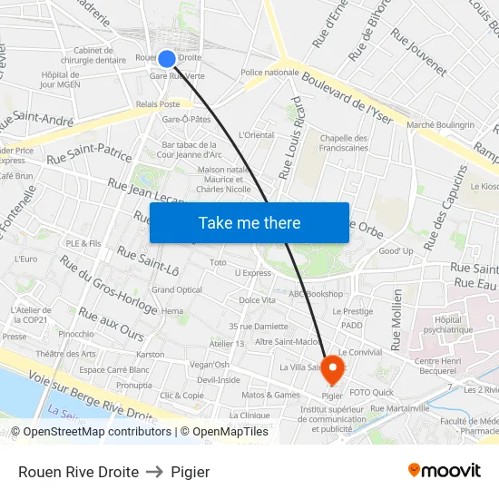 Rouen Rive Droite to Pigier map