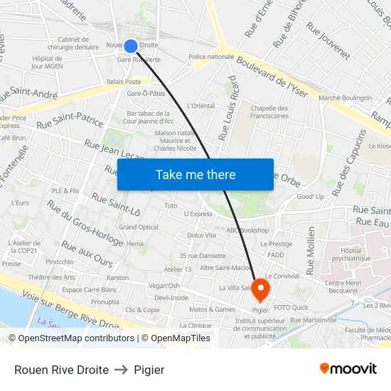 Rouen Rive Droite to Pigier map