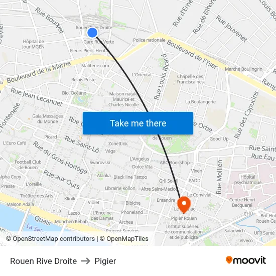 Rouen Rive Droite to Pigier map