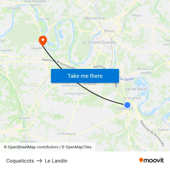 Coquelicots to Le Landin map