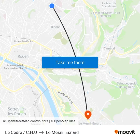 Le Cedre / C.H.U to Le Mesnil Esnard map