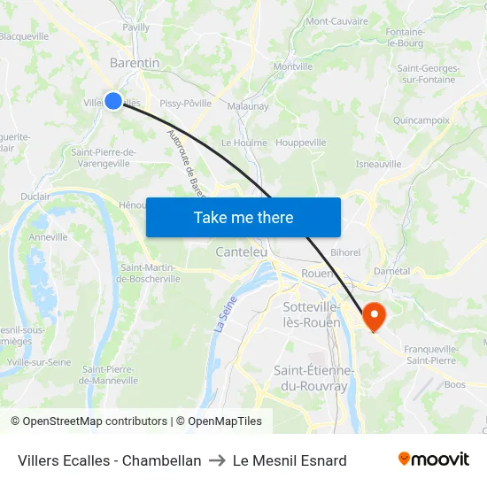 Villers Ecalles - Chambellan to Le Mesnil Esnard map