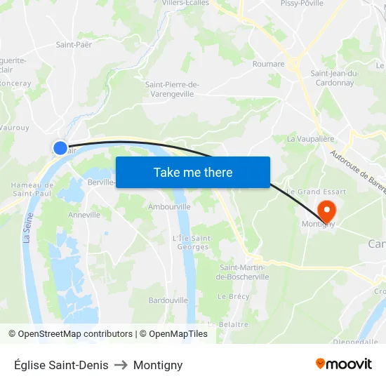 Église Saint-Denis to Montigny map
