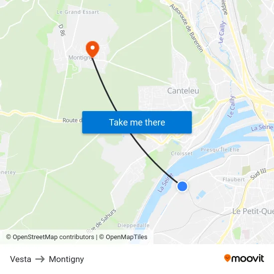 Vesta to Montigny map