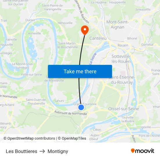 Les Bouttieres to Montigny map