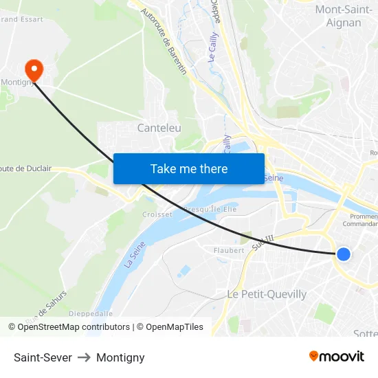 Saint-Sever to Montigny map