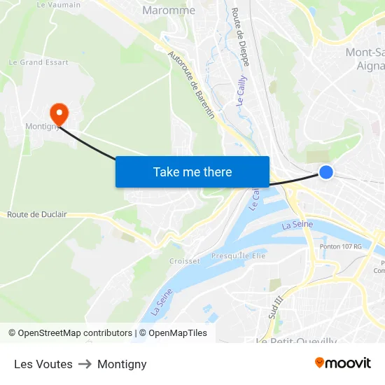 Les Voutes to Montigny map