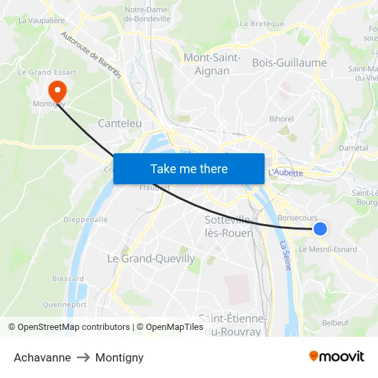 Achavanne to Montigny map