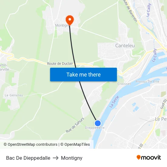 Bac De Dieppedalle to Montigny map