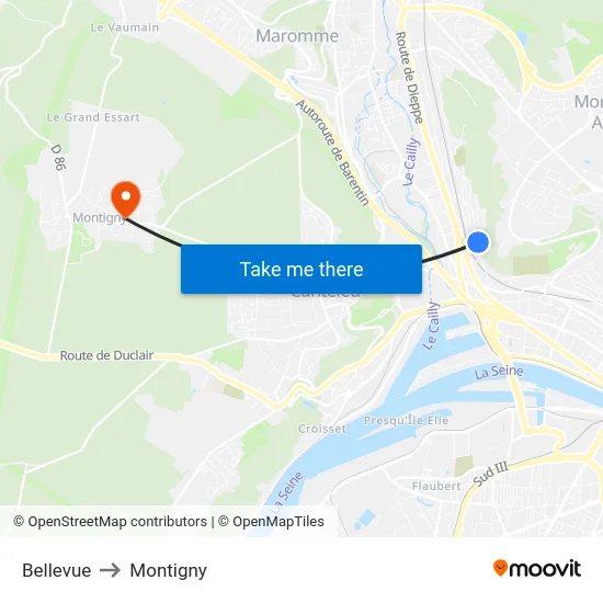 Bellevue to Montigny map