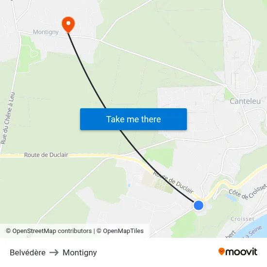 Belvédère to Montigny map