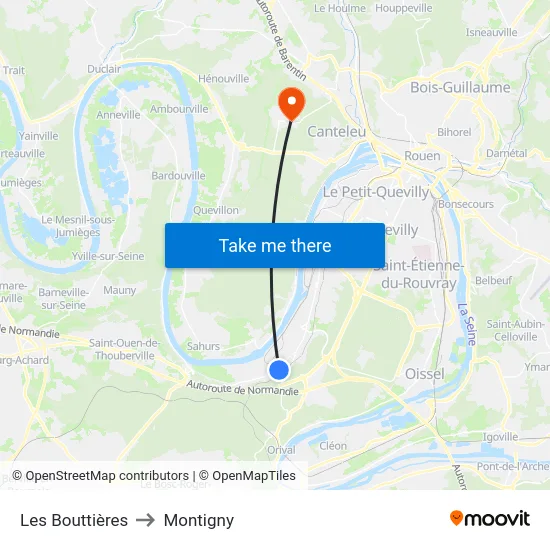 Les Bouttières to Montigny map