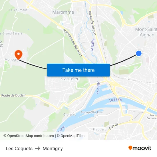 Les Coquets to Montigny map