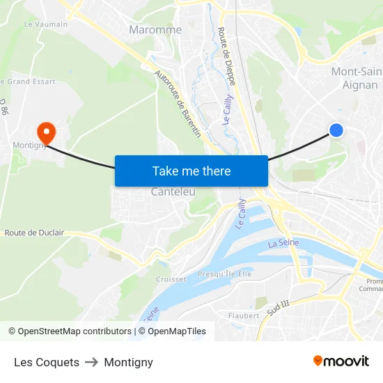 Les Coquets to Montigny map