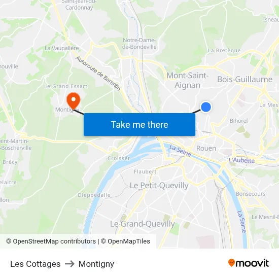 Les Cottages to Montigny map