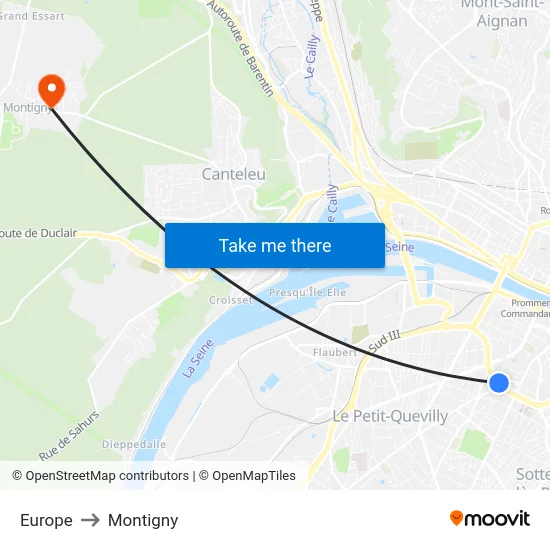 Europe to Montigny map
