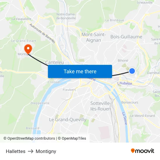 Hallettes to Montigny map