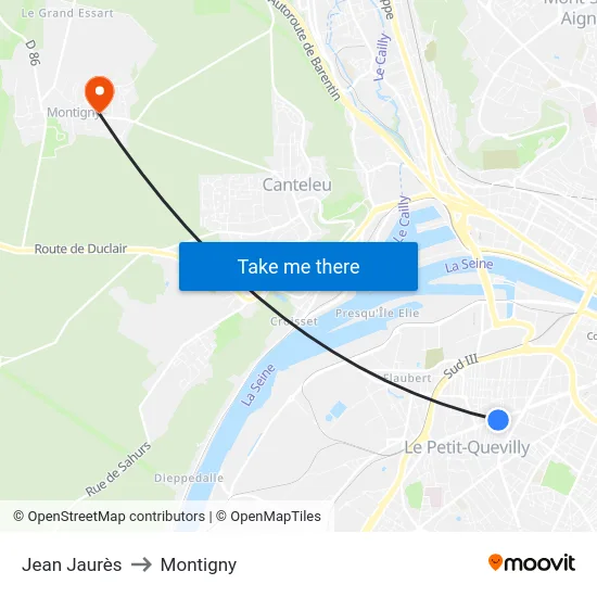 Jean Jaurès to Montigny map