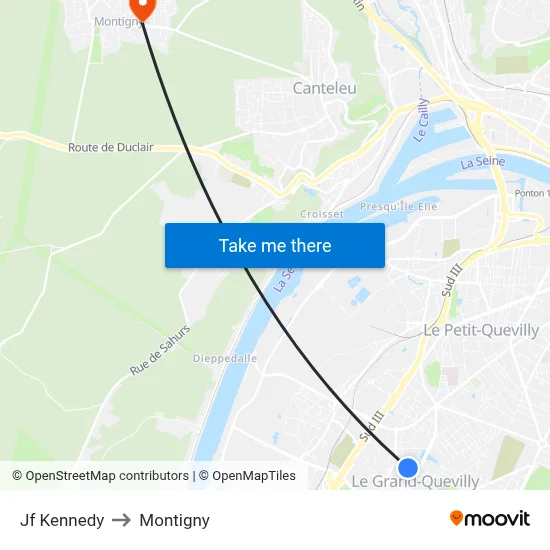 Jf Kennedy to Montigny map