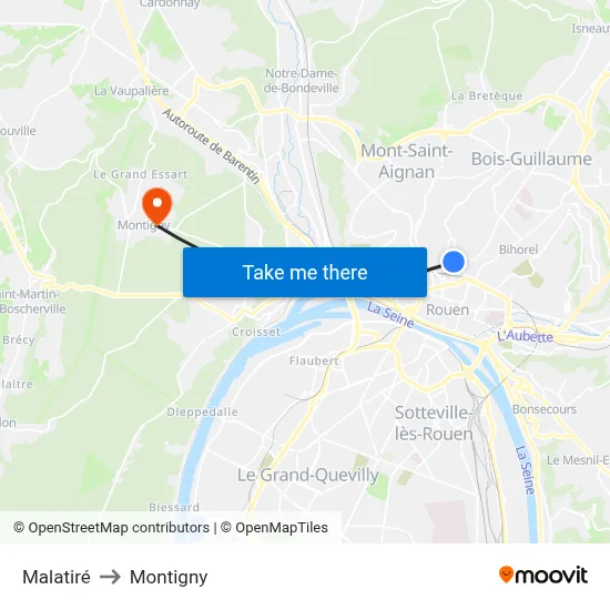 Malatiré to Montigny map