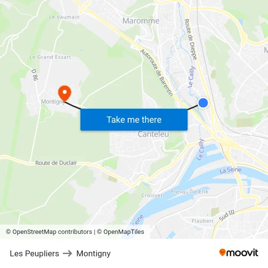 Les Peupliers to Montigny map