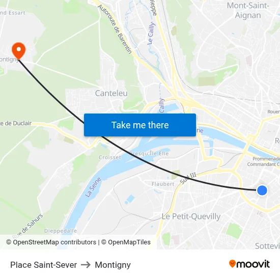 Place Saint-Sever to Montigny map