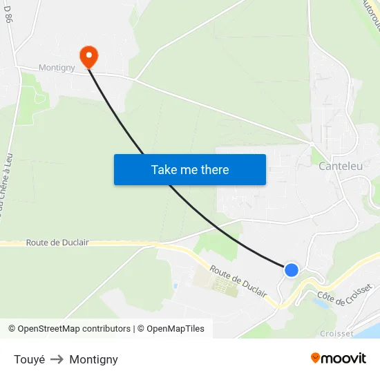 Touyé to Montigny map