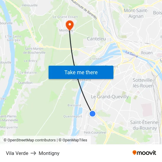 Vila Verde to Montigny map