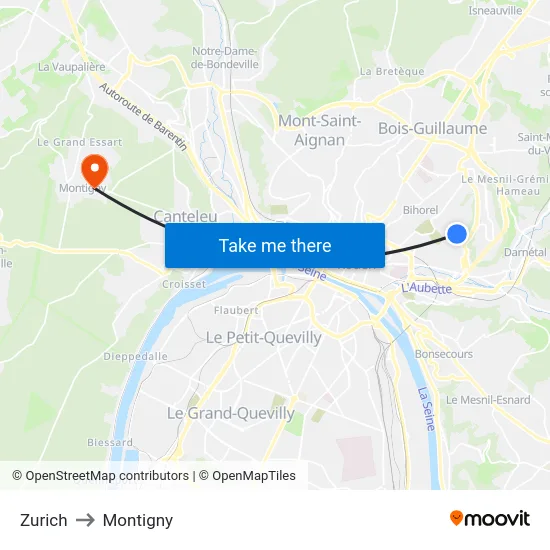 Zurich to Montigny map