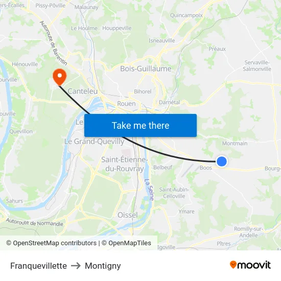 Franquevillette to Montigny map