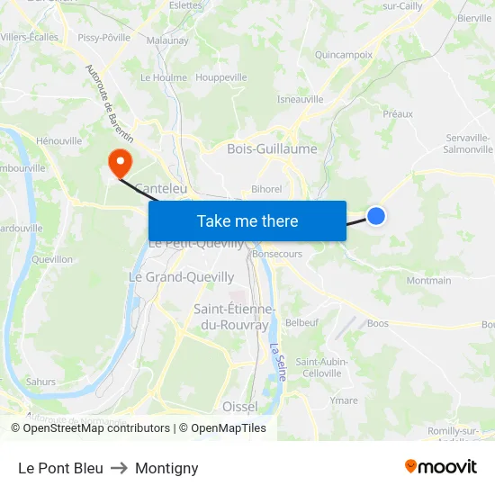 Le Pont Bleu to Montigny map