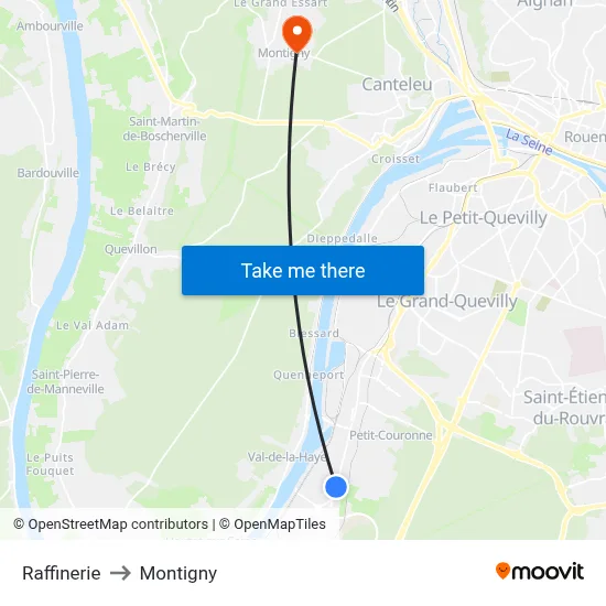 Raffinerie to Montigny map