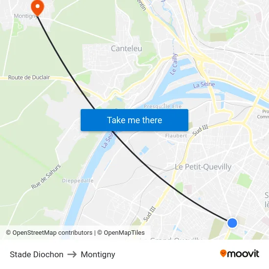 Stade Diochon to Montigny map