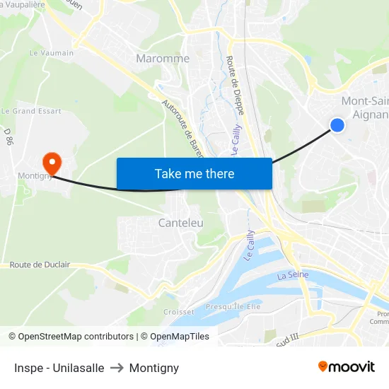 Inspe - Unilasalle to Montigny map