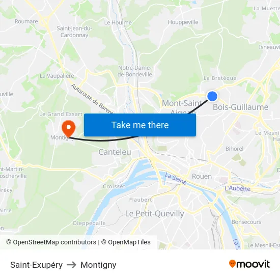 Saint-Exupéry to Montigny map