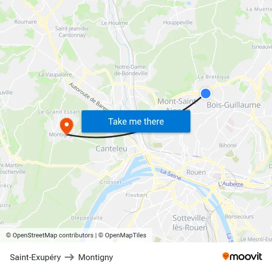 Saint-Exupéry to Montigny map