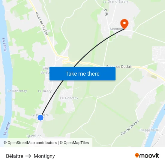 Bélaître to Montigny map