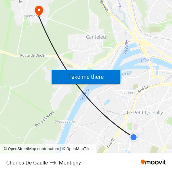 Charles De Gaulle to Montigny map