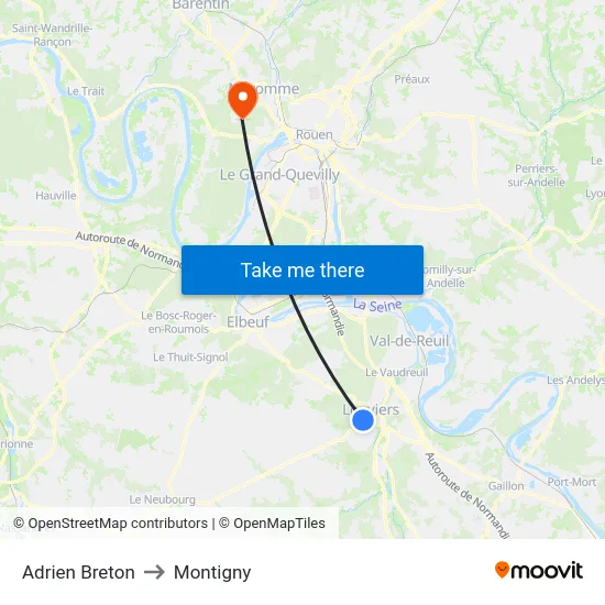 Adrien Breton to Montigny map