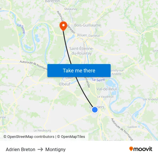 Adrien Breton to Montigny map