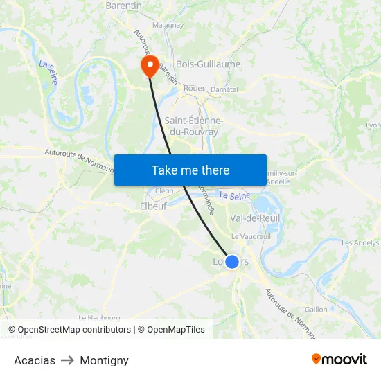 Acacias to Montigny map