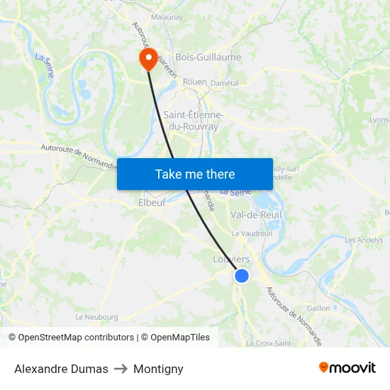 Alexandre Dumas to Montigny map