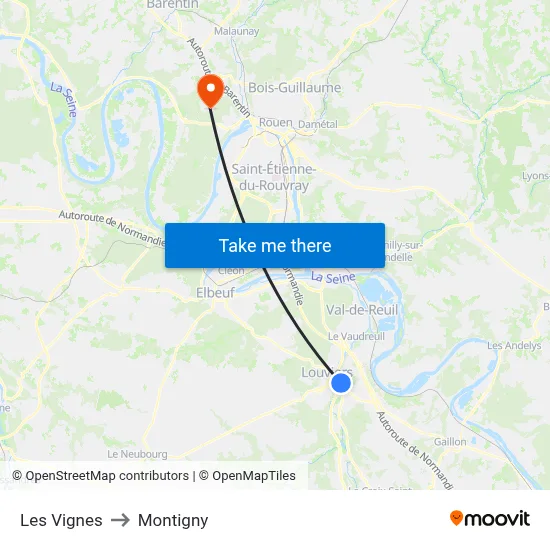 Les Vignes to Montigny map